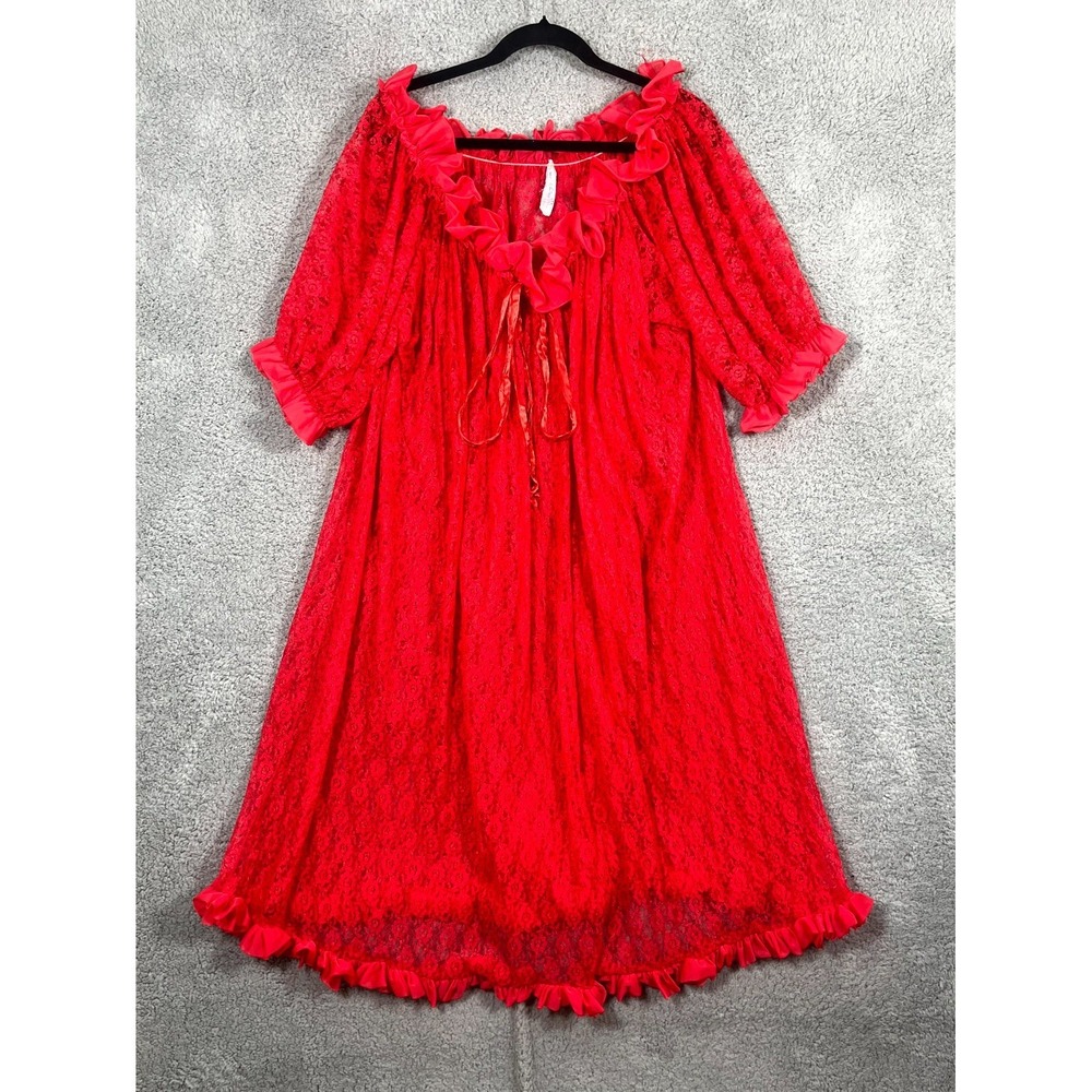 Vtg 1950s ILGWU Lace Lingerie Nightgown Sz M Red Lined Ruffle Neck Tie Feminine